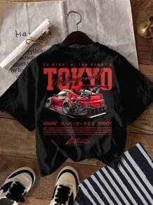 SHEIN 年轻男孩休闲简约宽松舒适英文字母汽车复古卡通街头风运动风短袖圆领T恤适合夏季 - 黑色 - 查看 2