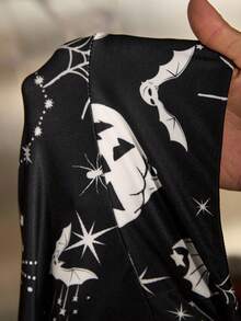 SHEIN EZwear 大码女式万圣节南瓜和蝙蝠图案高腰紧身裤 - 黑與白 - 查看 6
