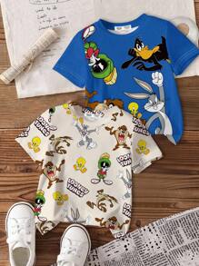 LOONEY TUNES X SHEIN Young Boy 2pcs/Set Casual Cartoon Graphic Crew Neck Short Sleeve T-Shirts, Blue & Apricot, Summer - Multicolor - View 1