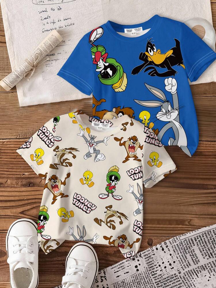 LOONEY TUNES X SHEIN 男童两件套休闲卡通图案圆领短袖T恤，蓝色和杏色，夏季 - 彩色 - 查看 1