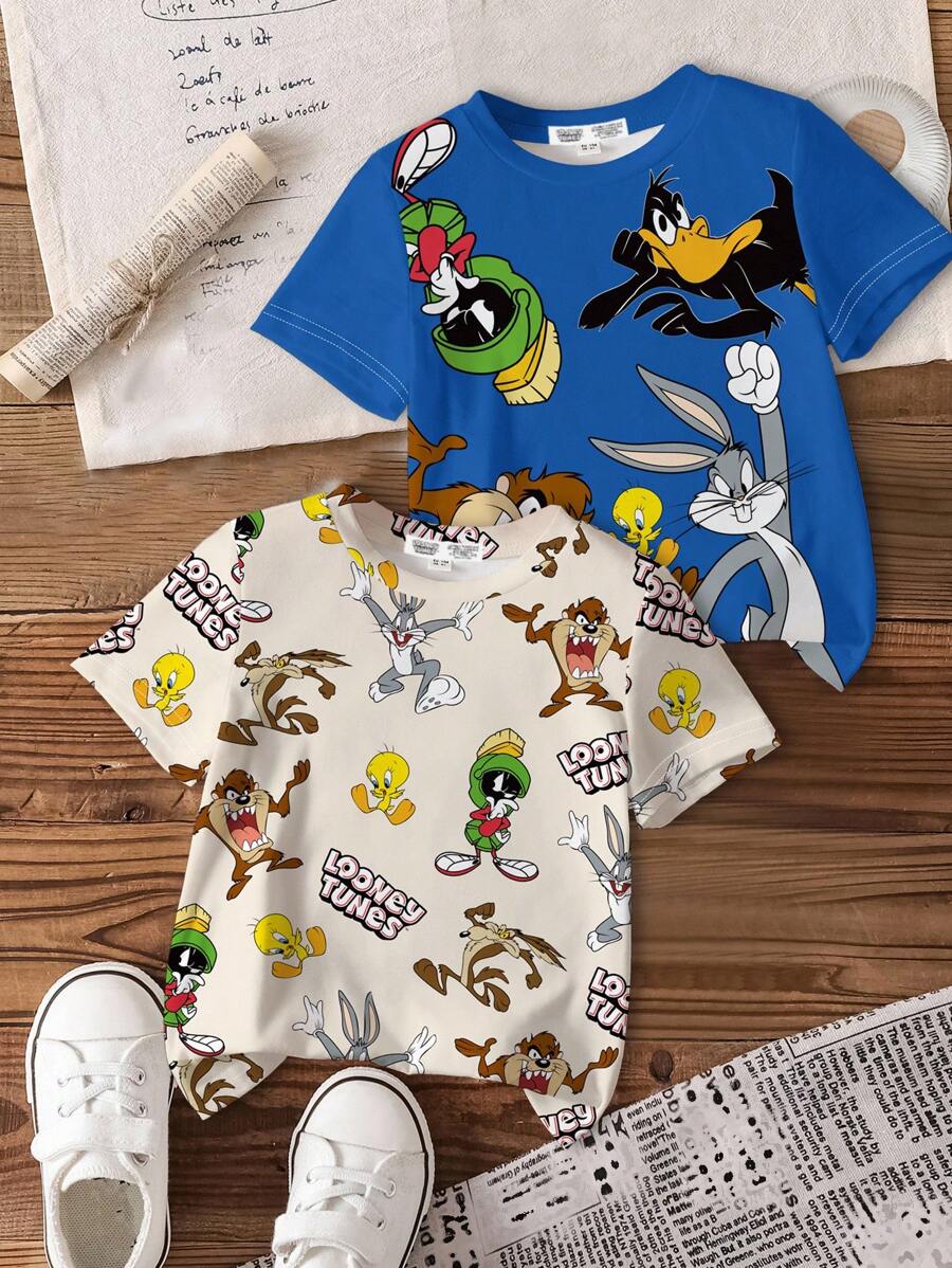 LOONEY TUNES X SHEIN Young Boy 2pcs/Set Casual Cartoon Graphic Crew Neck Short Sleeve T-Shirts, Blue & Apricot, Summer - Multicolor - View 1
