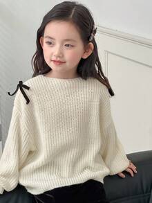 DAZY Young Girls Open Shoulder Bow Knit Sweater, Fresh Korean Style, Long Sleeve Fall,Winter - White - View 1