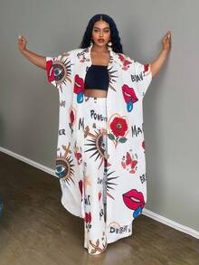 Slaydiva Plus Size Women Linen Printed Long Dress, Printed Linen Shirt, And Linen Pants Set - White - View 5