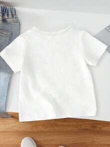 SHEIN Áo thun in hình nơ xanh tay ngắn cho bé gái tuổi teen sáng tạo và thẩm mỹ, phù hợp cho các buổi đi chơi và tạo phong cách dễ thương cho bé gái tuổi teen, mùa hè - trắng - Xem 3