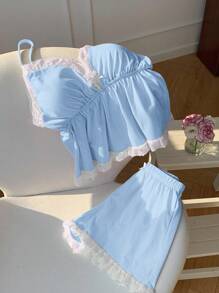 Comfortcana 夏季针织吊带背心，带衬垫胸罩和短裤蕾丝边套装 - 藍白色 - 查看 1