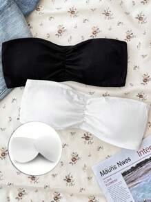 SHEIN 2 Stück/Set Einfacher, bequemer gepolsterter plissierter hautfreundlicher trägerloser BH-Set für Teenager-Mädchen