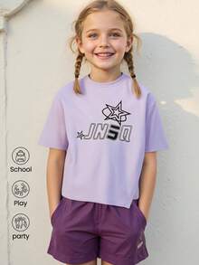 Áo thun thể thao tay ngắn thường ngày ngoài trời, cổ tròn in chữ ngộ nghĩnh cho trẻ em, áo thun thể thao thường ngày - Màu tím - Xem 1