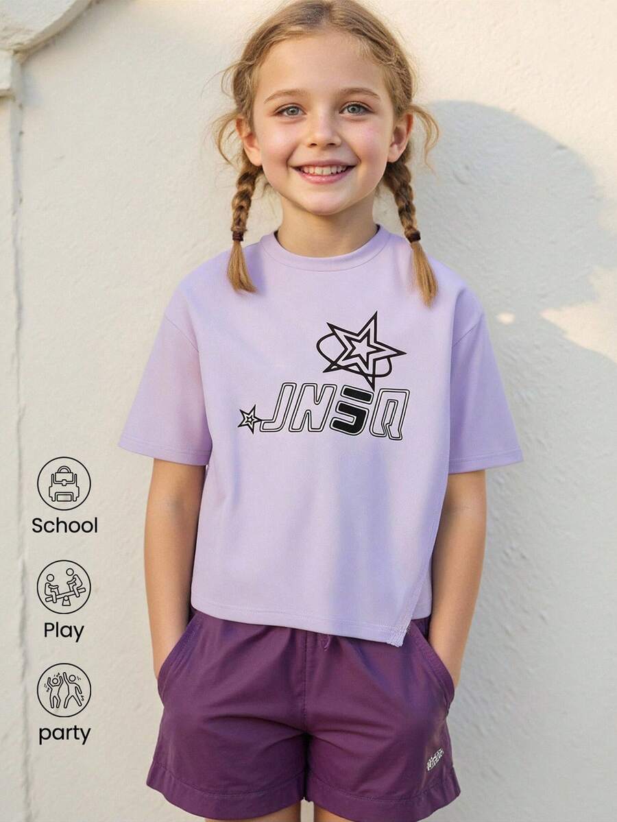 Áo thun thể thao tay ngắn thường ngày ngoài trời, cổ tròn in chữ ngộ nghĩnh cho trẻ em, áo thun thể thao thường ngày - Màu tím - Xem 1