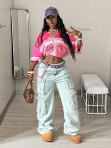 Coolane 女士春夏节日外出街头服饰复古透气网眼数字图案棒球服红色球衣 - 粉色 - 查看 4