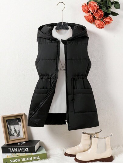 SHEIN Explorewe Tween Girls Elongated Zip-Up Hooded Vest With Pockets