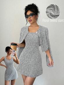 Elenzga New Autumn/Winter French Sparkly Tweed Sleeveless Round Neck Cinched Waist Elegant Dress For Women