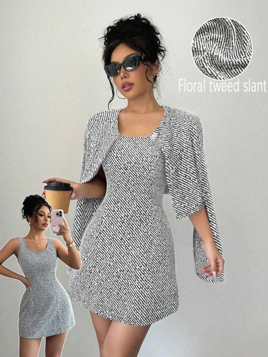 Elenzga New Autumn/Winter French Sparkly Tweed Sleeveless Round Neck Cinched Waist Elegant Dress For Women