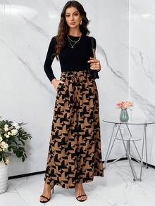 Editum 女式拼色印花休闲裤 - 摩卡棕 - 查看 6