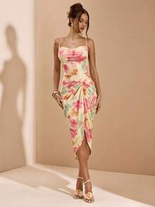 SHEIN BAE Váy ôm sát cơ thể màu vàng kem in hoa, xẻ tà, viền loe thanh lịch dành cho nữ, thích hợp cho bữa sáng muộn, các dịp trang trọng, phù dâu, tiệc sinh nhật, mùa xuân/hè - Vàng nhạt - Xem 4