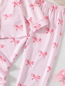 SHEIN Bộ đồ ngủ tay dài họa tiết nơ hồng dễ thương cho bé gái - Hồng - Xem 3
