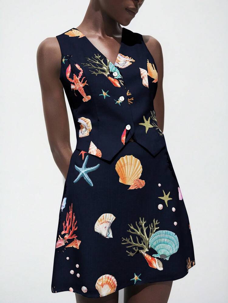 SHEIN Maija Women's Starfish & Shell Pattern Single-Breasted Vest And Mini Skirt 2 Pieces Set, Urban Business Casual Beach Resort Outfit, Bohemian Style  Beach Outfits For Women