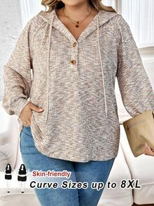 SHEIN CURVE+ Curve Plus Size/Autumn/Autumn Women's Wear/Winter Women's Wear/Winter Wear Curve Plus Size Women's Button Half Grid Hooded Waffle Knitted Sports Shirt, Autumn Casual Top Plus Size 8XL Women's 6XL Plus Women's Wear Curve Plus Top Women, Winter, Curve Plus Fall/Autumn /Winter