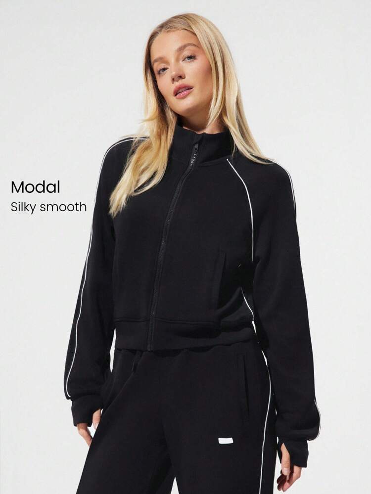 SoftCalm Modal Contrast Piping Waist-Length Thumbholes Fitted Zip-Up Sweatshirt Daily Casual Wear Spring Summer