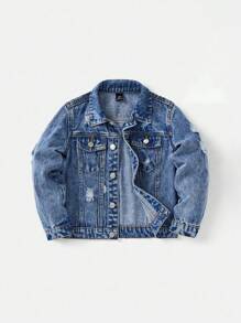 SHEIN Young Boy红色和黑色蜘蛛印花蓝色牛仔破洞领长袖短外套