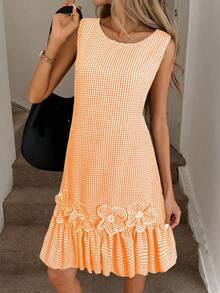 Easowa Vestido curto feminino xadrez com decote redondo e sem mangas com decoração floral