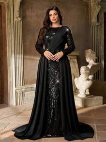 Aureia Đầm dạ hội cỡ lớn dành cho mùa thu đông, thanh lịch, lãng mạn, lộng lẫy, màu đen đính sequin, chất liệu satin, cổ tròn, tay dài xếp ly bất đối xứng, dáng ôm đuôi cá, thích hợp cho tiệc tối, tiệc độc thân, hẹn hò, kỳ nghỉ, lễ hội âm nhạc, mùa tựu trường, đám cưới, sự kiện, ngày Valentine. - màu đen - Xem 8