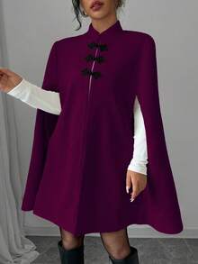 Elenzga 优雅立领撞色中式纽扣斗篷斗篷女款，厚羊毛面料，秋冬 - 紫色 - 查看 7