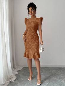 Elenzga Váy đi làm bằng vải jacquard cổ vuông tay lửng thanh lịch dành cho nữ, mùa hè - màu nâu - Xem 5