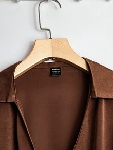 GlowEve Women's Elegant Satin V-Neck Long Sleeve Pleated Blouse, Brown, Suitable For Daily Commute - Brown - View 5