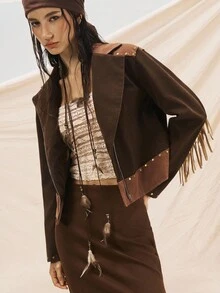 Easelle Áo khoác da lộn tua rua đinh tán cổ điển dành cho nữ - Nhiều màu - Xem 3