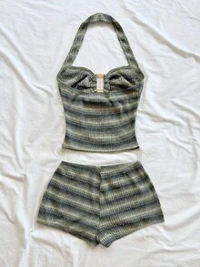 Soleia 女式条纹针织纹理面料金属装饰露背领口短款上衣和超短裤 2 件套，适合派对、圣诞节、约会、夜总会、海滩、游轮、下午茶、波西米亚风、波西米亚风、度假、秋季 - 黑與白 - 查看 2