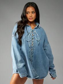 MISSGUIDED Oversized Denim Shirt With Lace Up Front Detail Western Style Button Down Collar Long Sleeve Fall Winter Fashion Statement Piece Distressed Light Wash - White - View 5