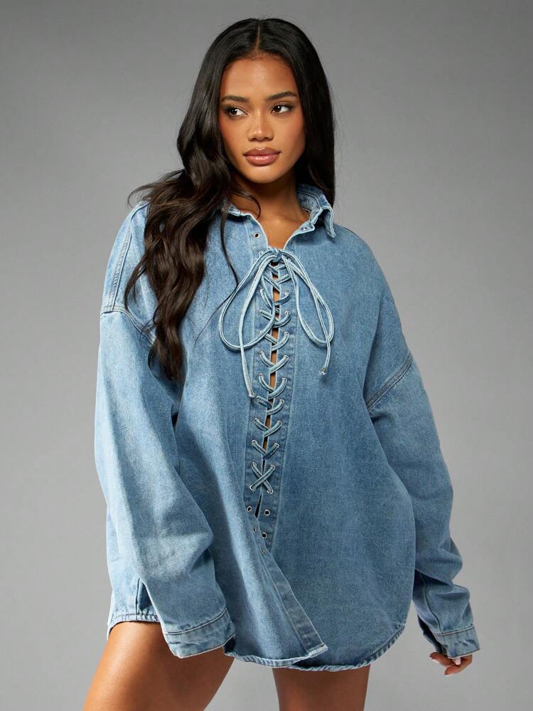 MISSGUIDED Oversized Denim Shirt With Lace Up Front Detail Western Style Button Down Collar Long Sleeve Fall Winter Fashion Statement Piece Distressed Light Wash