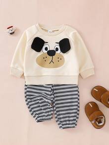 Perso Play Baby Boy Autumn Apricot Sweatshirt With Raglan Sleeves, Flattering Fit, Cute Puppy Graphic, Striped Pants, Essential Daily Outfit - Multicolor - View 4