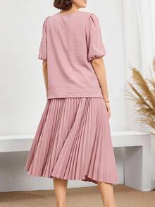 Miaspire 优雅泡泡袖衬衫和褶皱 A 字裙两件套服装 - 粉色 - 查看 5
