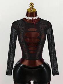 Amplova Women's Hollow-Out Design Round Neck Long Sleeve Sexy Fitted Lace Blouse