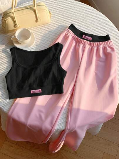 Comfortcana Plus Size Dopamine Color Block Letter Print Tank Top And Color Block Pants 2 Pieces Set, Spring/Summer