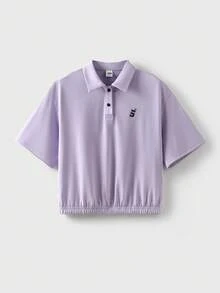 JNSQ 返校季戶外休閒運動短袖T恤，青少年女孩 Polo 領趣味字母印花休閒運動上衣 - 紫色 - 查看 3