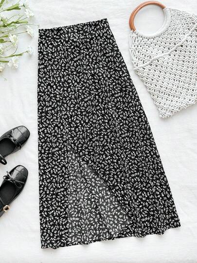 Teen Girls Black Leisure Vacation Ditsy Floral Casual Slit Medium Length Skirt,Suitable For Autumn And Winter, Black Skirt,Teen Girls Skirts