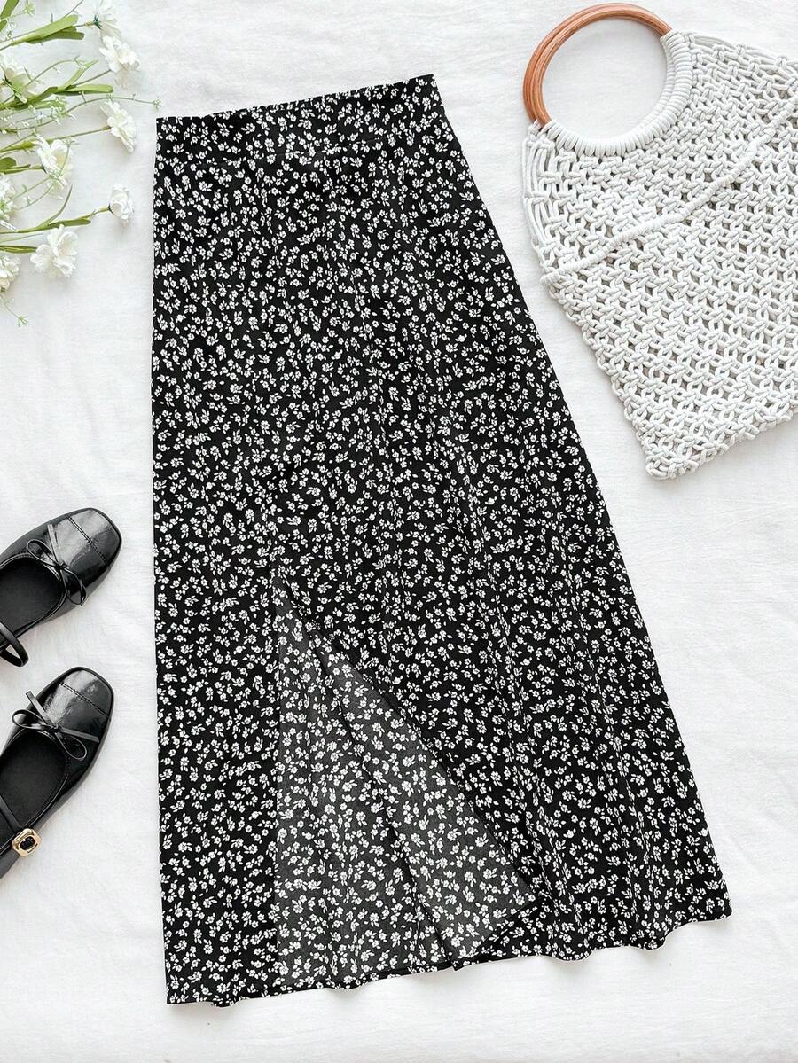 Falda casual de corte medio con abertura, estampado floral pequeño, estilo de ocio y vacaciones, adecuada para otoño e invierno, falda negra, faldas para adolescentes - Blanco y Negro - Ver 1