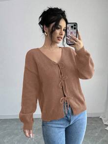 Selianne Áo cánh dài tay buộc dây phía trước màu trơn dành cho nữ, thiết kế đơn giản để mặc hàng ngày, áo khoác cardigan dáng ngắn màu đen, áo khoác cardigan nơ cho bé gái, áo khoác cardigan dáng ngắn màu đen - màu nâu - Xem 5
