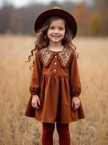 Emery Rose Kids Emery Rose Kids 年轻女孩秋季碎花彼得领休闲连衣裙 - 摩卡棕 - 查看 3