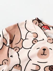 SHEIN 青少年女孩宽松休闲舒适圆领卡通印花T恤和喇叭裤套装 - 卡其色 - 查看 5