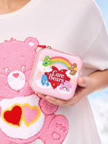 SHEIN X Care Bears 1 件卡通图案 PU 皮革便携式旅行珠宝收纳盒，带 3 个项链挂钩、戒指隔层和其他储物隔层，适合家庭整理、旅行、通勤，适合女性、青少年、欢呼熊、温柔熊、睡前熊、好运熊 - 淺粉色 - 查看 3