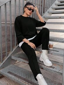 EURMUSE Ensemble Top et pantalon à col rond color block en coton grande taille pour femmes - Noir - Voir 5