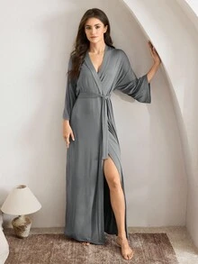 Ocili Leisure Comfortable & Smooth Minimalist Solid Color Bathrobe Holiday Season, Cozy Outfit, Fall & Winter - Grey - View 6