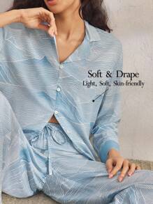 Ocili Comfortable Natural Geometric Mountain Texture Pattern Loose Long Sleeve Top & Pants Women Pajama Set Lounge Sets For Women Sleepwear, Fall Winter Clothes - Blue - View 1