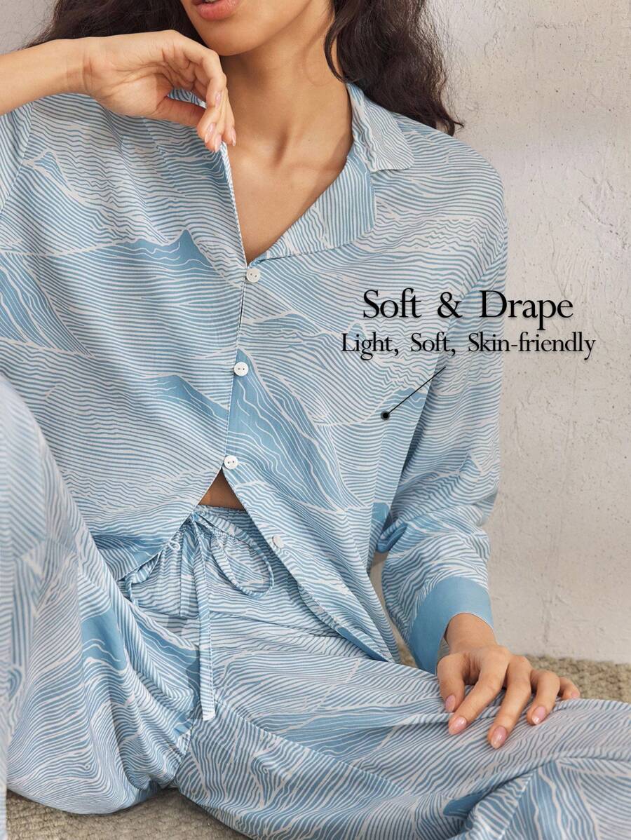 Ocili Comfortable Natural Geometric Mountain Texture Pattern Loose Long Sleeve Top & Pants Women Pajama Set Lounge Sets For Women Sleepwear, Fall Winter Clothes - Blue - View 1