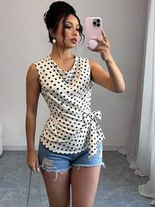 Franclia Donna in stile casual elegante per ufficio, top a canottiera con lacci e pois bianchi e neri, top smanicato a pois, top avvolgente a pois tutto bianco