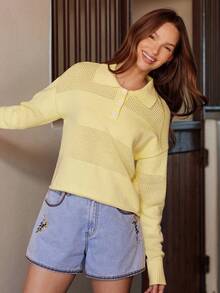 WESTFADE Mixed Stitch Collared Button Front Long Sleeve Cropped Polo Knit Sweater Cute Fall Autumn Clothes For Women Country Concert - Yellow - View 1