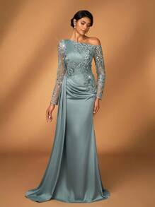 Serin Elegantes, luxuriöses, besticktes Spitzen-Pailletten-Patchwork-Kleid aus elastischem Satin-Chiffon mit Langarm und Schlitz an der Seite, geeignet für Hochzeit, Party, Urlaub, Abschlussball, Abendrobe, Brautmutter